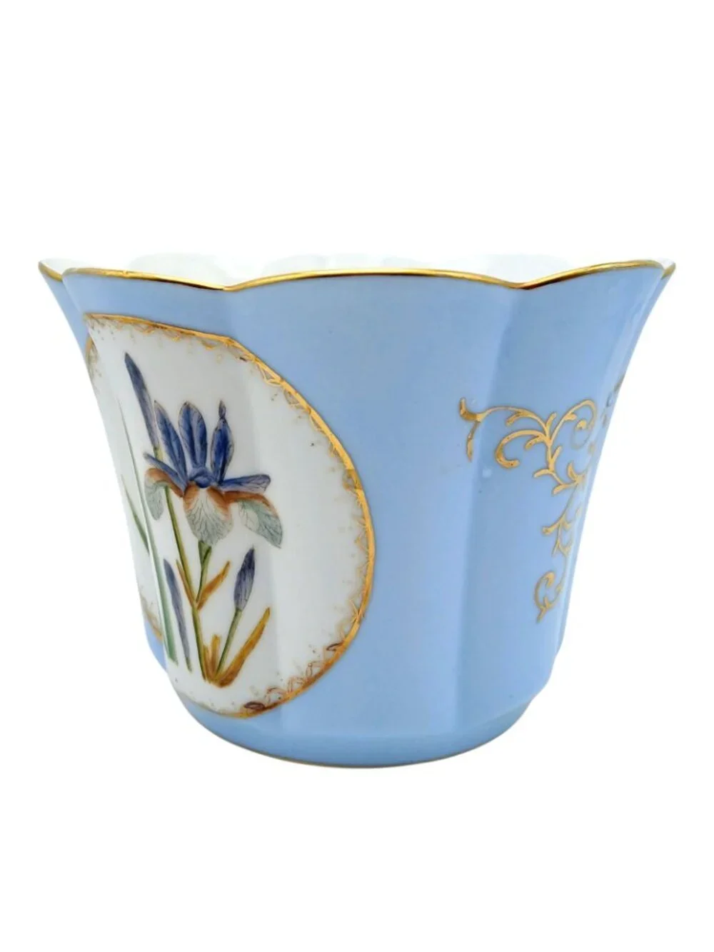 Vintage Blue Iris Cachepot Planter Scalloped Gold Trim Porcelain 5 in